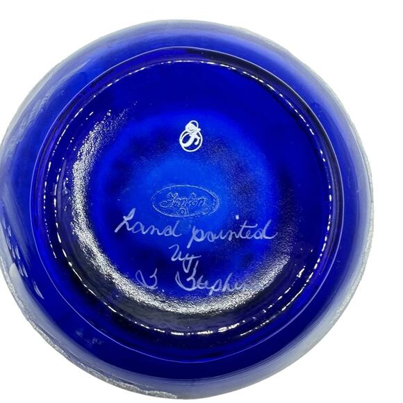 Vintage Fenton Cobalt Blue Rose Bowl hand Painted Signed Snow Winter Scene - Picture 9 of 13